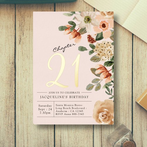 21st Birthday Vintage Floral Peach Chapter 21 Foil Invitation
