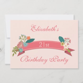 21st Birthday Vintage Flowers Pink Banner Invitation by JK_Graphics at Zazzle