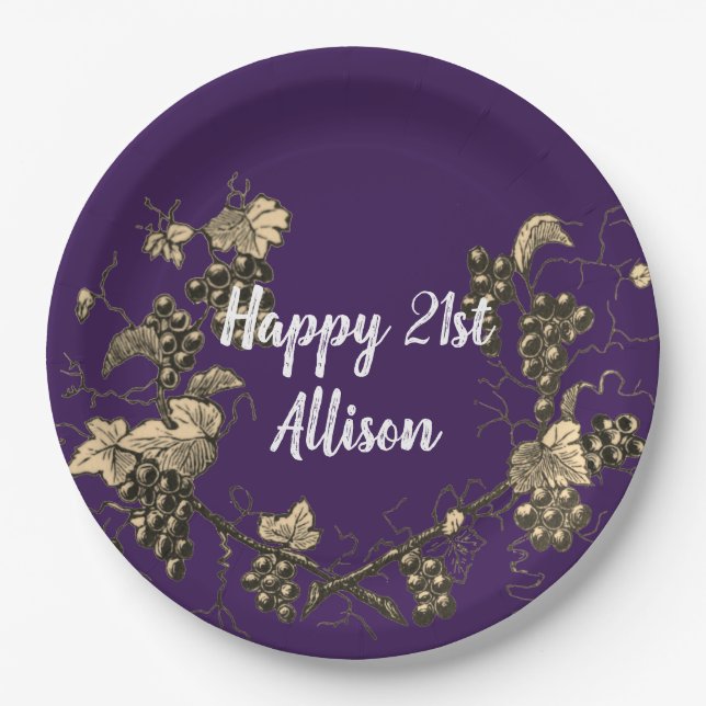 21st Birthday Vintage Grape Sketch Celebration Paper Plates (Front)