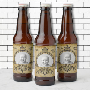21st Birthday Vintage Retro Monogram Add Photo Beer Bottle Label