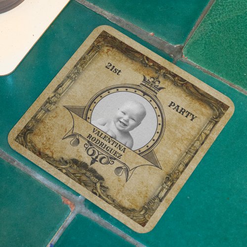 21st Birthday Vintage Retro Monogram Photo Antique Square Paper Coaster