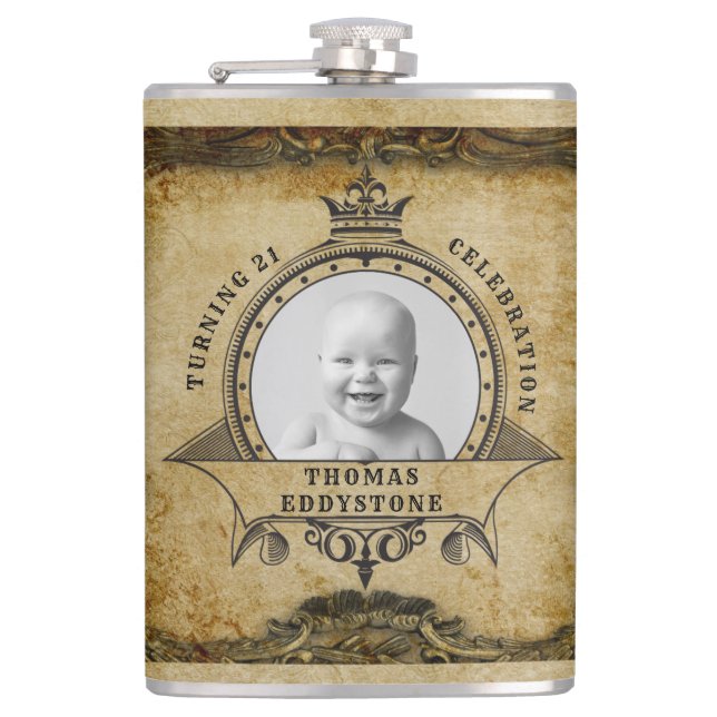 21st Birthday Vintage Retro Rustic Monogram Photo Flask (Front)