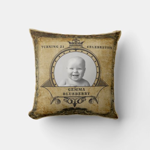 21st Birthday Vintage Retro Rustic Monogram Photo Throw Pillow