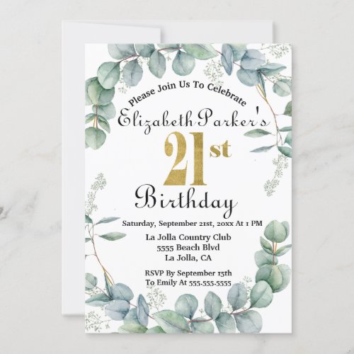 21st Birthday Watercolor Eucalyptus Gold Faux Foil Invitation