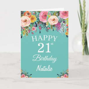21st Birthday Watercolor Floral Flowers Teal Card