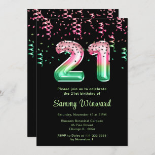 21st Birthday Watermelon Balloons with Confetti Invitation