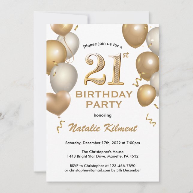 21st Birthday White and Gold Glitter Balloons Invitation (Front)