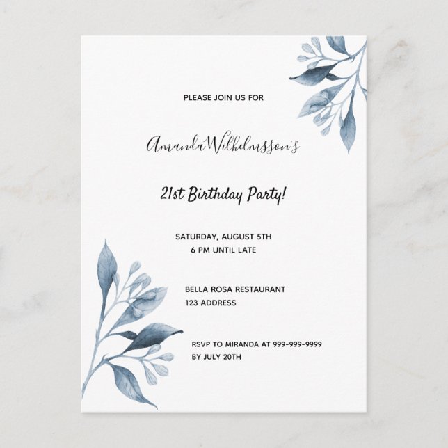 21st birthday white blue botanical invitation postcard (Front)