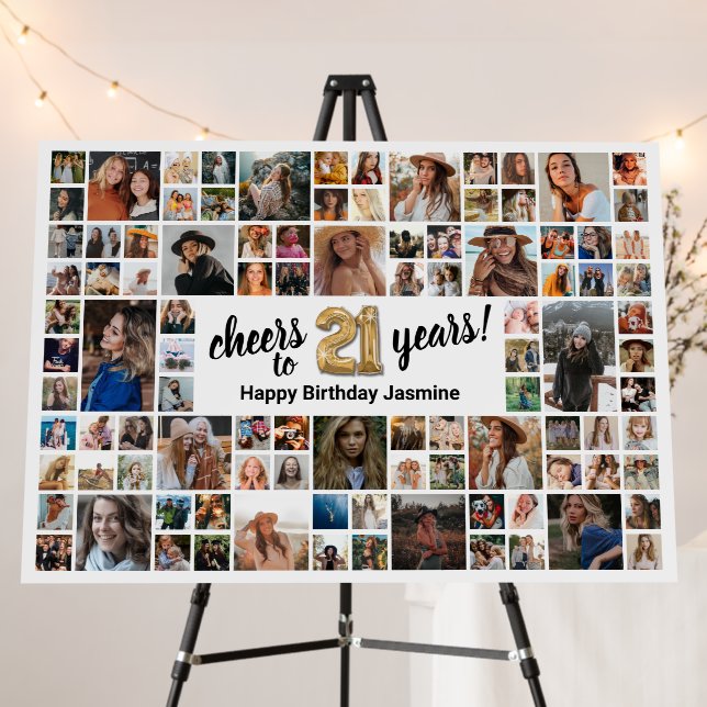 21st Birthday White Gold 100 Photo Collage Foam Board (In Situ (Stand))