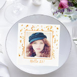 21st birthday white gold confetti photo napkins<br><div class="desc">An elegant napkin for a girly 21st birthday party. A chic white background and faux gold party streamers as decoration. A slim golden frame and template for Your own photo.  With the text: Hello 21!</div>