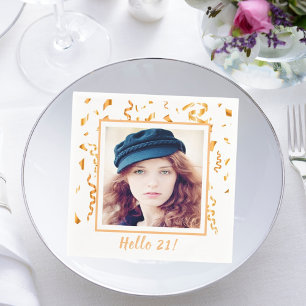 21st birthday white gold confetti photo napkins