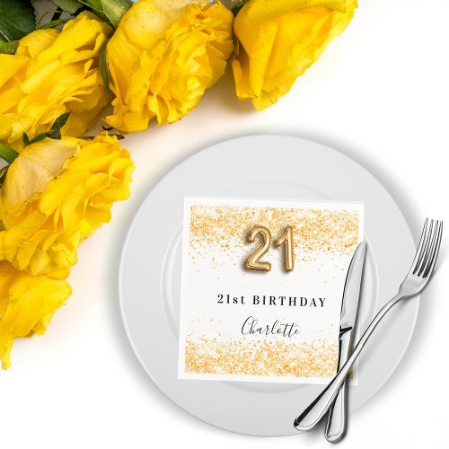 21st birthday white gold glitter name napkins