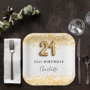 21st birthday white gold glitter name paper plates