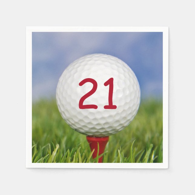 21st birthday white golf ball on red tee napkins (Front)