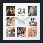 21st birthday white photo collage friends square wall clock<br><div class="desc">A wall clock as a gift for a 21st birthday for a woman, celebrating her life with a collage of 7 of your photos. Personalize and add a name, age 21 and a date. Date of birth or the date of the anniversary. Black and gray colored letters. A chic white...</div>