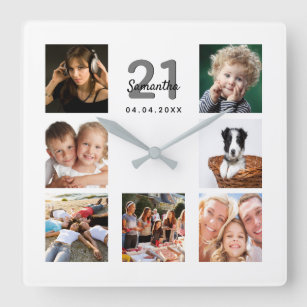 21st birthday white photo collage friends square wall clock