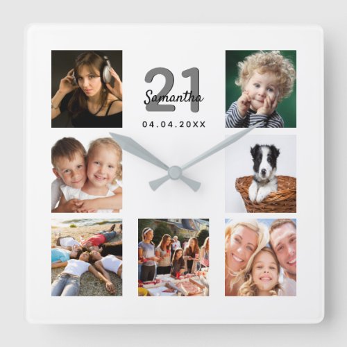 21st birthday white photo collage friends square wall clock