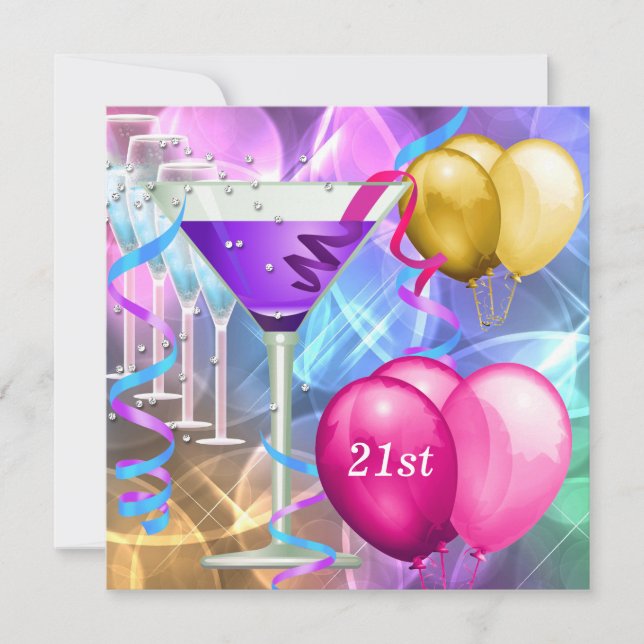21st Birthday  White Pink Purple Martini Balloons Invitation (Front)