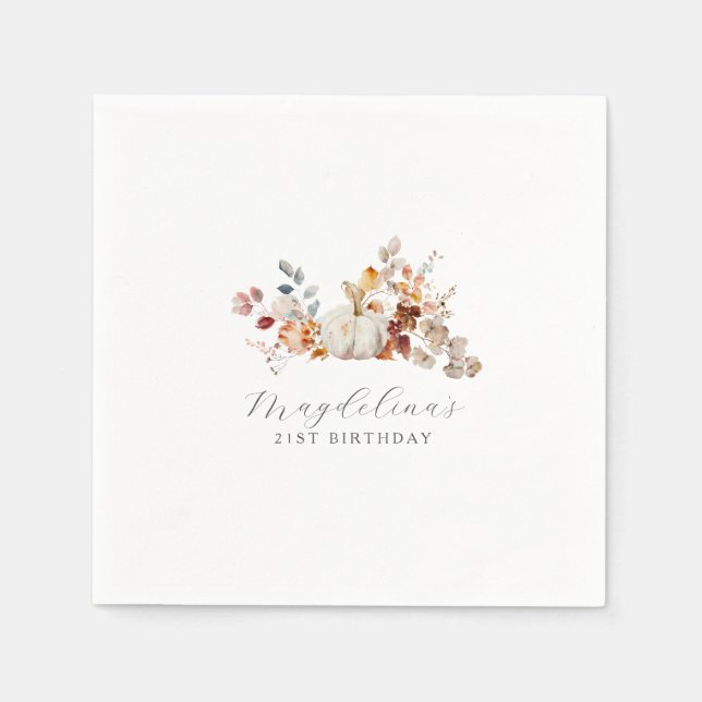 21st Birthday White Pumpkin Fall Flowers Custom Napkins (Front)