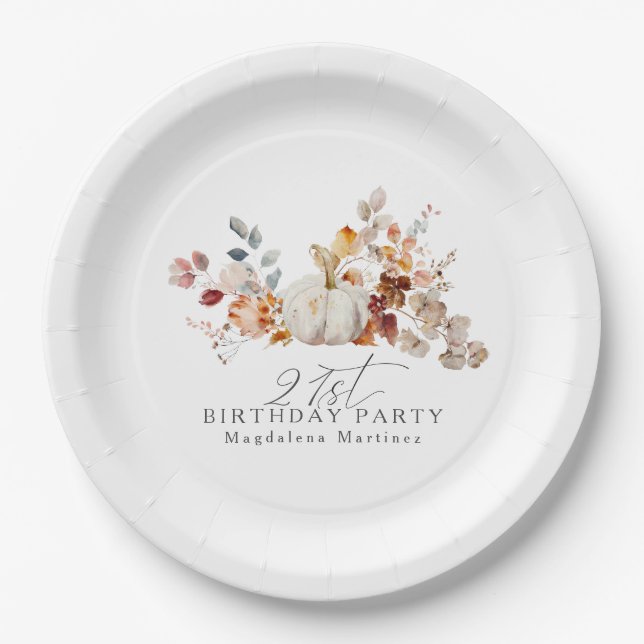 21st Birthday White Pumpkin Fall Flowers Custom Paper Plates (Front)