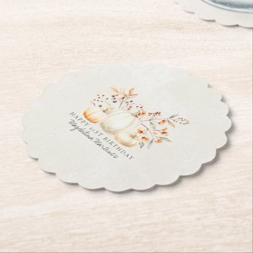 21st Birthday White Pumpkin Fall Leaves Custom Paper Coaster