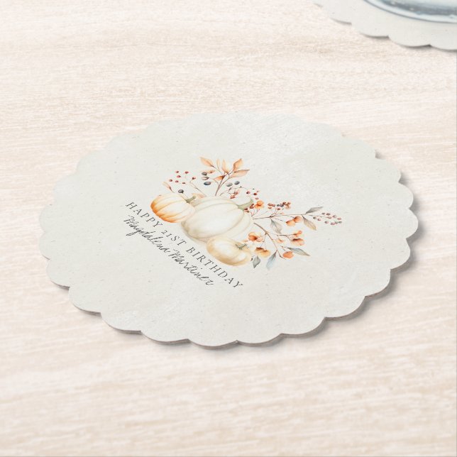 21st Birthday White Pumpkin Fall Leaves Custom Paper Coaster (Angled)