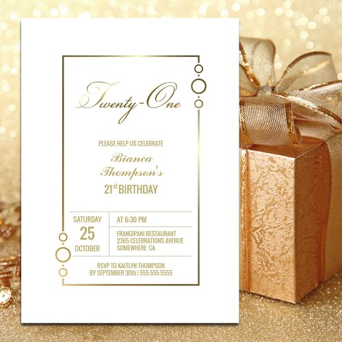 21st Birthday White with Gold Frame Party Invitation