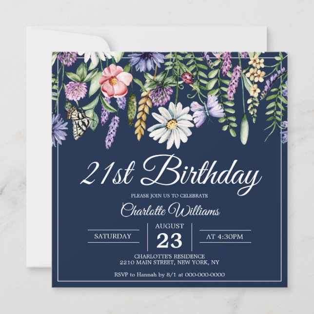 21st Birthday Wildflowers Navy Blue Woman Elegant Invitation (Front)