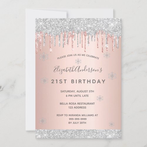 21st birthday winter silver glitter pink snowflake invitation