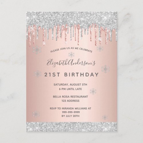 21st birthday winter silver rose pink invitation postcard