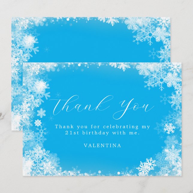 21st Birthday Winter Wonderland Snowflake Blue Thank You Card (Front/Back)