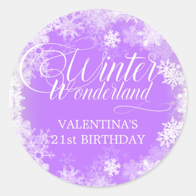 21st Birthday Winter Wonderland Snowflake Favor Classic Round Sticker (Front)
