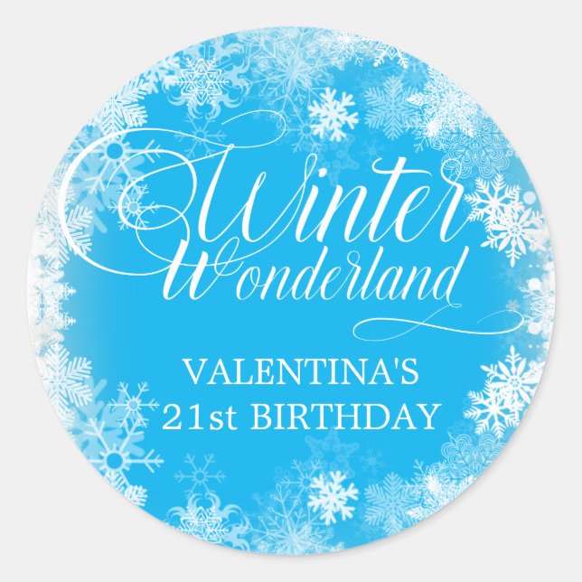 21st Birthday Winter Wonderland Snowflake Favor Classic Round Sticker (Front)