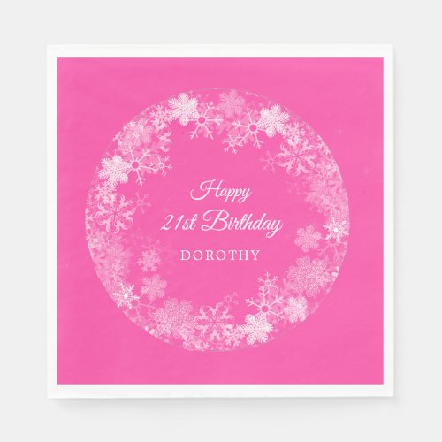 21st Birthday Winter Wonderland Snowflake Pink Napkins