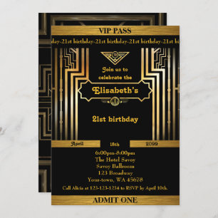 21st,Birthday woman 21st,Gatsby,ticket,black gold Invitation