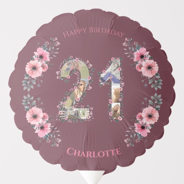 21st Birthday Woman Pink Flower Photo Collage Balloon (Front)