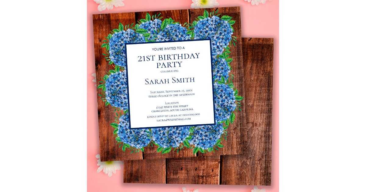 21st Birthday Wood Blue Hydrangeas Rustic Party Invitation | Zazzle
