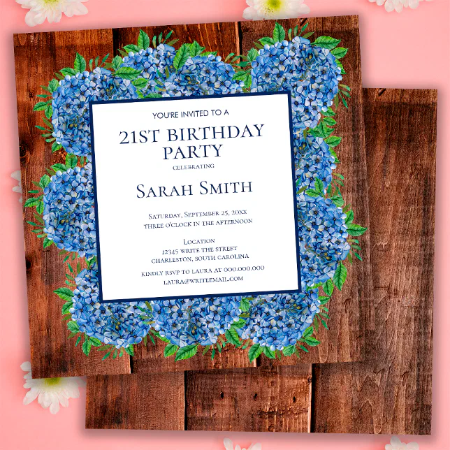 21st Birthday Wood Blue Hydrangeas Rustic Party Invitation | Zazzle