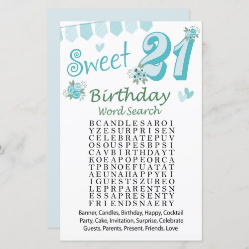 21st Birthday Word Search Game