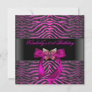 21st Birthday Zebra Black Silver Pink Butterfly Invitation