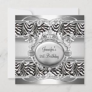 21st Birthday Zebra Black White Silver Plaque Invitation