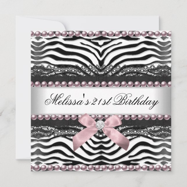 21st Birthday Zebra Pink White Black Lace Invitation (Front)
