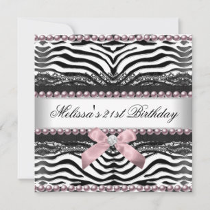21st Birthday Zebra Pink White Black Lace Invitation