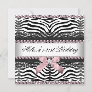 21st Birthday Zebra Pink White Black Lace Invitation