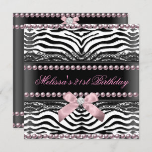 21st Birthday Zebra Pink White Black Lace Pearl Invitation