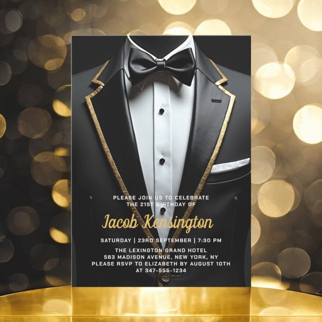 21st Black and Gold Tuxedo Birthday Event Invitation (Creator Uploaded)