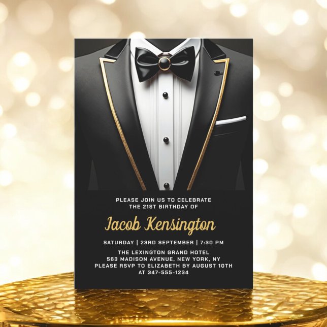 21st Black and Gold Tuxedo Birthday Event Invitation (Creator Uploaded)