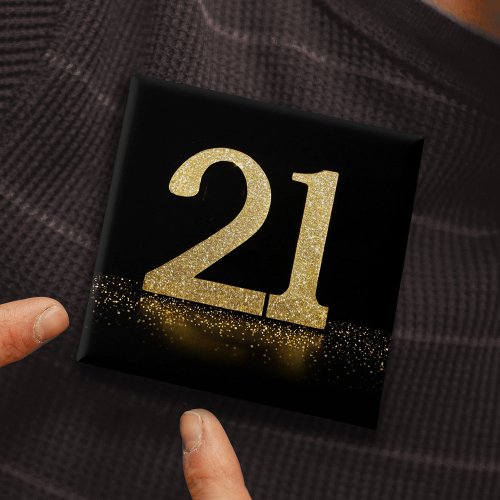 21st black gold glitter effect button pin badge