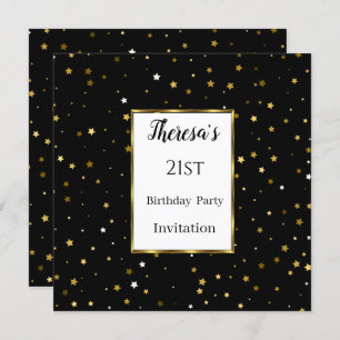 21st Black Gold Stars Birthday Party Invitation