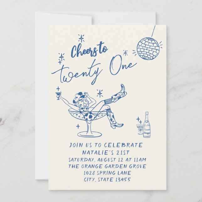21st Blue Drawn Cowgirl Coastal Photo Fun Birthday Invitation (Front)